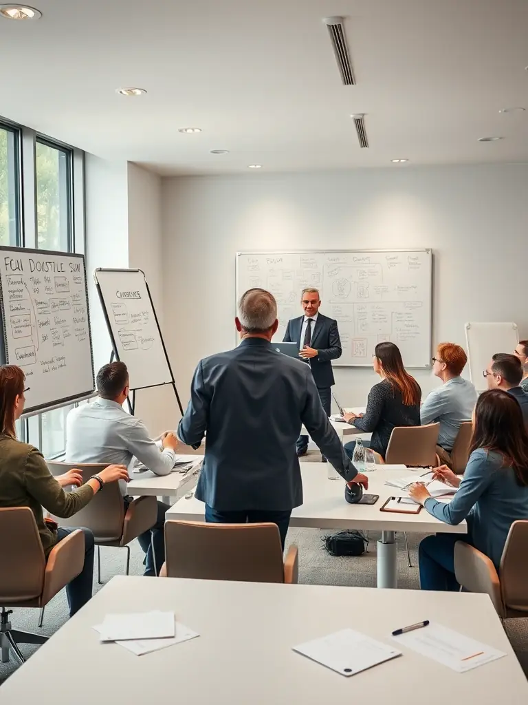 A coach facilitating a workshop, guiding participants through problem-solving exercises and fostering a collaborative environment for innovative solutions.