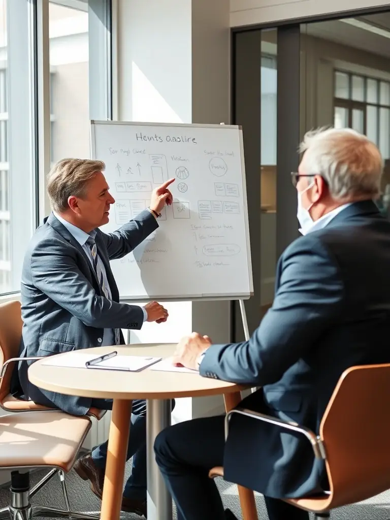 A coach mentoring a business leader in a one-on-one session with a whiteboard in the background, depicting Leadership and Business Coaching.