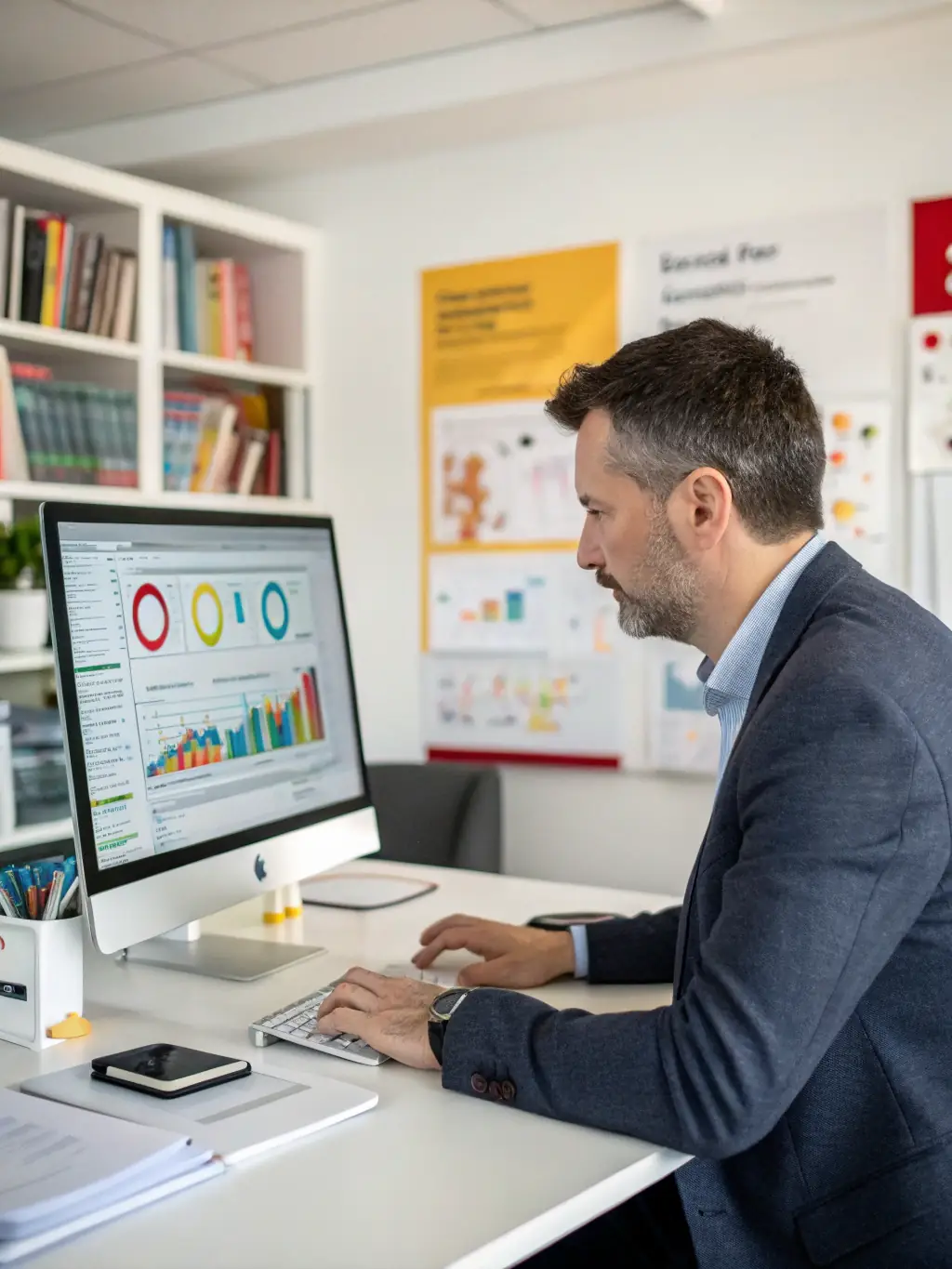 A professional business coach in a suit, smiling confidently while gesturing towards a whiteboard filled with strategic plans during a coaching session.