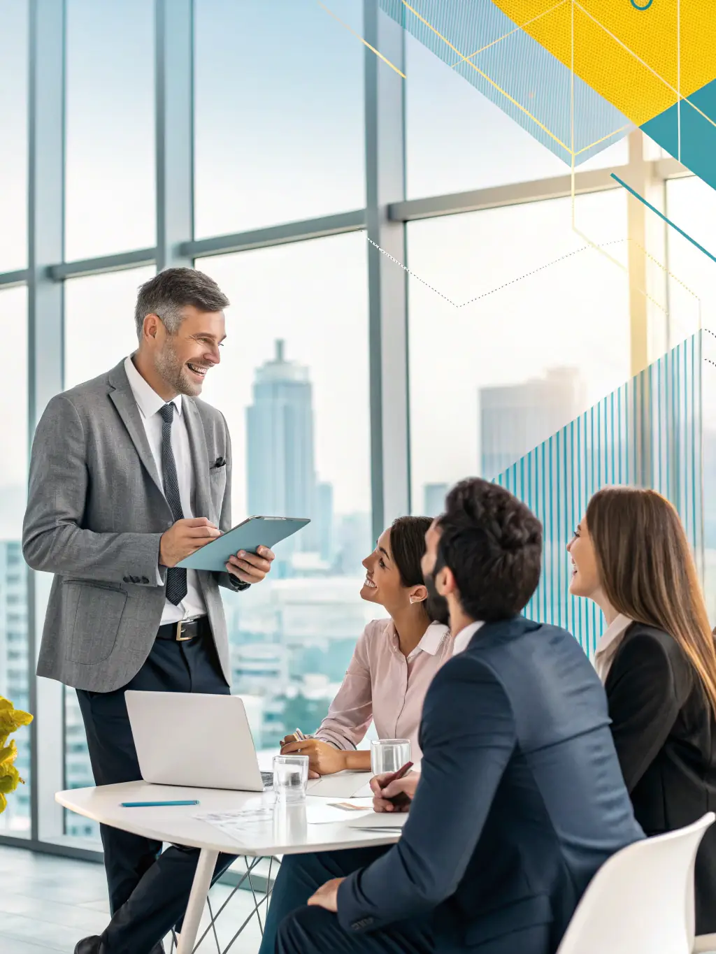 A consultant presenting a strategic plan to a team in a modern office setting, illustrating Commercial Strategy Consulting.