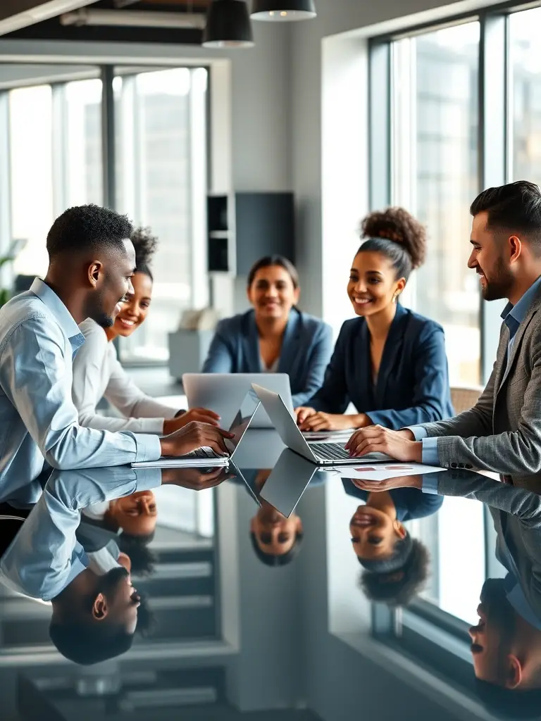 A diverse team collaborating on a project in a modern, open-plan office, symbolizing Team Building and Collaboration.